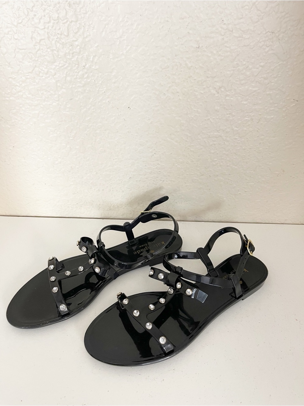 Kate Spade New York black jeweled T-strap jelly sandals with crystals and bow - Picture 7 of 10